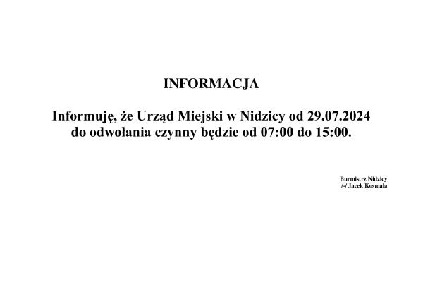 Informacja o zmianie pracy Urzędu